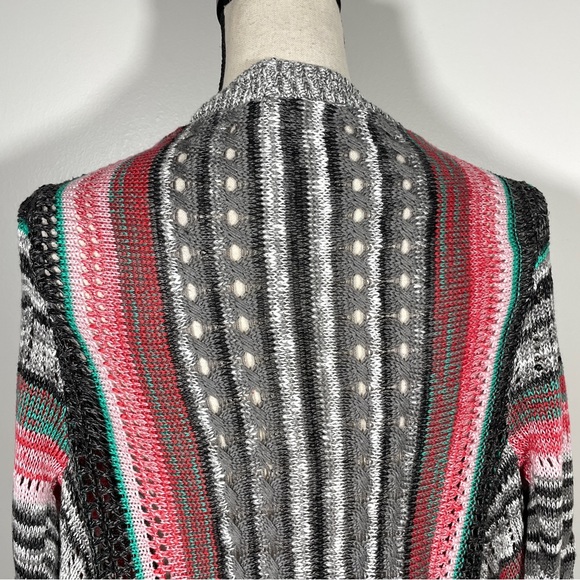 Poof Red Gray Black Open Front Knit Fringe Boho Long Sleeve Cardigan Sweater S - Picture 9 of 11